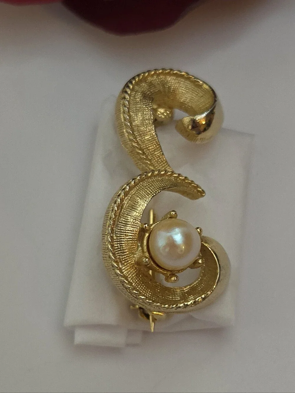 Vintage Textured Gold Plated & Genuine Pearl Letter E or Swirl Brooch